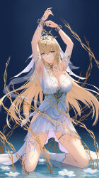 1girl absurdres armpits arms_up bianca:_crepuscule_(pgr) bianca_(pgr) blonde_hair breasts cleavage closed_mouth commentary dress frozen-sad gold_tiara hair_between_eyes highres kneeling large_breasts long_hair looking_at_viewer punishing:_gray_raven reflection reflective_water solo tiara very_long_hair white_dress yellow_eyes