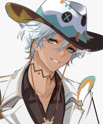 1boy black_shirt blue_eyes collarbone collared_shirt commentary_request cowboy_hat dark-skinned_male dark_skin feathers genshin_impact grin hair_between_eyes hat highres ifa_(genshin_impact) jacket lapels looking_at_viewer male_focus okkobc open_clothes open_jacket parted_lips scar scar_across_eye scar_on_face shirt short_hair smile solo upper_body white_hair white_hat white_jacket