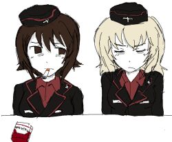 black_jacket breasts brown_eyes brown_hair cigarette cigarette_pack closed_eyes closed_mouth cross desk garrison_cap girls_und_panzer grey_hair hat iron_cross itsumi_erika jacket jitome kuromorimine_military_uniform large_breasts long_hair looking_at_another medium_breasts military military_jacket military_uniform nishizumi_maho red_shirt shirt short_hair sillynerpa simple_background table unlit_cigarette_in_mouth upper_body white_background