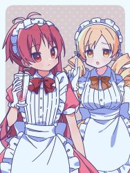Rule 34 | 2girls, :o, absurdres, apron, blonde hair, blush, border, bow, bowtie, brown background, closed mouth, commentary request, cup, dress, drill hair, drinking glass, drinking straw, frilled apron, frills, furrowed brow, gloves, high ponytail, highres, holding, holding cup, index finger raised, long hair, mahou shoujo madoka magica, maid apron, maid headdress, multiple girls, open mouth, outside border, polka dot, polka dot background, ponytail, red bow, red bowtie, red dress, red eyes, red hair, ruru (rurumagi), sakura kyoko, short sleeves, tomoe mami, twin drills, waist apron, white apron, white border, white gloves, yellow bow, yellow bowtie, yellow eyes