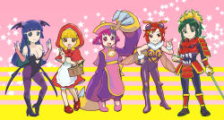 5girls :d animal_print aoki_reika armor arthropod_girl b.b._hood_(cosplay) basket bat_print bee_girl bishamon_(cosplay) bishamon_(darkstalkers) blonde_hair blue_eyes blue_hair blush_stickers bodysuit breasts bridal_gauntlets b.b._hood capcom capelet cleavage cleavage_cutout clothing_cutout cosplay darkstalkers dress eyelashes green_eyes green_hair grin hair_ornament hairband hairclip head_wings high_heels hino_akane_(smile_precure!) hood hoshizora_miyuki hsien-ko hsien-ko_(cosplay) insect_girl japanese_armor jiangshi kise_yayoi kusazuri leotard long_hair midorikawa_nao monster_girl morrigan_aensland morrigan_aensland_(cosplay) multiple_girls open_mouth pantyhose pink_eyes pink_hair precure print_legwear q-bee q-bee_(cosplay) red_dress red_eyes red_hair samurai shoes short_hair shoulder_armor small_breasts smile smile_precure! sode star_(symbol) sword ueyama_michirou v weapon wings yellow_eyes