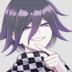 1boy checkered_clothes checkered_scarf commentary danganronpa_(series) danganronpa_v3:_killing_harmony finger_to_own_chin flipped_hair hair_between_eyes index_finger_raised inukai_(inuuowoukai) looking_at_viewer male_focus medium_hair narrowed_eyes oma_kokichi portrait purple_eyes purple_hair ringed_eyes scarf short_hair simple_background smile smirk smug solo teeth two-tone_scarf white_background