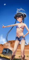 1girl absurdres alternate_costume american_flag american_flag_bikini american_flag_print bare_shoulders bikini black_hair blue_archive blue_shorts blue_sky blush body_writing boots breasts closed_mouth cloud collarbone commentary_request day denim denim_shorts double_bun flag_print flag_print_bikini hair_between_eyes hair_bun hand_on_own_hip highres hitchhiking holding kisaki_(blue_archive) kuro_(zhurunbo1997) long_hair looking_at_viewer midriff navel navel_piercing open_fly outdoors piercing print_bikini sexually_suggestive short_shorts shorts sidelocks sky small_breasts solo standing stomach striped_bikini striped_clothes sweat swimsuit swimsuit_under_clothes thumbs_up twintails