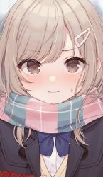 1girl black_jacket blue_bow blue_bowtie blush bow bowtie brown_eyes brown_hair closed_mouth commentary_request hair_ornament hairclip highres jacket looking_at_viewer original scarf school_uniform shiromikan shirt solo upper_body white_shirt