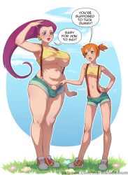 1futa 1girl breasts bulge english_text futanari jessie_(pokemon) large_breasts marmalade_mum misty_(pokemon) nintendo penis penis_peek pokemon pokemon_(anime) pokemon_(classic_anime) underboob