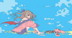 1girl absurdres aqua_background bare_shoulders barefoot black_shoes blue_ribbon blue_skirt blunt_bangs blush_stickers cloud colored_inner_hair demon_wings floating_hair from_side full_body grey_hair hair_intakes hair_ribbon hashimochi highres jacket knees_to_chest knees_up long_hair looking_at_viewer makaino_ririmu makaino_ririmu_(4th_costume) miniskirt multicolored_hair naked_jacket nijisanji off_shoulder parted_lips pink_hair pink_jacket pleated_skirt pointy_ears red_eyes red_wings ribbon shoes sidelocks sitting skirt sleeves_past_wrists smile socks solo star_(symbol) streaked_hair stuffed_animal stuffed_rabbit stuffed_toy two_side_up unworn_shoes unworn_socks virtual_youtuber white_socks wings