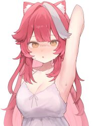 1girl :o animal_ears arm_up armpits blush breasts camisole cleavage collarbone commentary hair_intakes hashtag-only_commentary highres hololive hololive_english long_hair looking_at_viewer multicolored_hair open_mouth panther_ears panther_girl pink_hair raora_panthera simple_background solo streaked_hair sweat szuukie two-tone_hair virtual_youtuber white_background white_camisole yellow_eyes