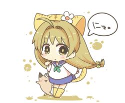 1girl ahoge animal_hat bell blush brown_hair cat_hat cat_tail chibi chibi_only di_gi_charat green_neckerchief hair_bell hair_ornament hat hokke_mirin inishie long_hair looking_at_viewer neckerchief no_nose open_mouth puchiko school_uniform speech_bubble tail translation_request