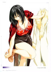 1girl 2006 blonde_hair breasts cleavage clothes_pull coat dated feet female_focus holding holding_coat holding_unworn_clothes horibe_hiderou large_breasts leg_up looking_down no_shoes page_number pantyhose pantyhose_pull pc_angel simple_background solo unworn_coat white_background
