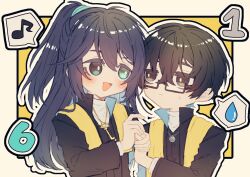 2boys 44se2dan black_eyes black_hair black_suit blue_eyes blue_hair blush border chibi dieci_association_south_uniform double-parted_bangs emoticon formal_clothes glasses hair_between_eyes hair_tie heterochromia high_ponytail holding_hands hong_lu_(project_moon) jewelry key key_necklace limbus_company long_hair looking_at_another multiple_boys necklace open_mouth ponytail project_moon scarf short_hair speech_bubble suit sweatdrop white_border yellow_scarf yi_sang_(project_moon)