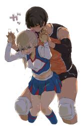 2girls black_hair black_sleeves blonde_hair blue_skirt blush bow cheerleader collarbone detached_sleeves hair_bow height_difference highres holding_hands interlocked_fingers kei_(m_k) long_sleeves m_k midriff multicolored_hair multiple_girls navel open_mouth original pink_bow red_eyes red_skirt rika_(m_k) short_hair simple_background skirt sportswear standing sweat symbol-shaped_pupils tomboy trembling two-tone_hair volleyball_uniform white_background yuri