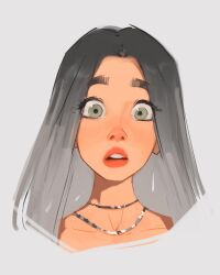 Rule 34 | 1girl, black hair, black shirt, collarbone, crop top, gradient hair, green eyes, grey hair, highres, lipstick, looking at viewer, makeup, multicolored hair, open mouth, original, portrait, sam yang, shirt, silver necklace, surprised, teeth, upper teeth only, wide-eyed