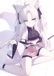 1girl absurdres ahoge akazaki_yukino animal_ear_fluff animal_ears black_ribbon blue_archive blush commentary crop_top fox_ears fox_girl fox_tail grey_eyes hair_ribbon halo highres holding holding_smoking_pipe japanese_clothes kuzunoha_(blue_archive) legs long_hair long_sleeves looking_at_viewer miniskirt off_shoulder parted_bangs pleated_skirt ribbon ribbon-trimmed_sleeves ribbon_trim sitting skirt smoking_pipe solo tail teeth two_side_up white_hair wide_sleeves