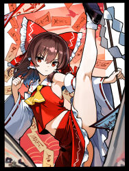 1girl armpits asakura_maru ascot bare_shoulders black_border black_shoes border bow brown_hair clenched_hand closed_mouth collared_shirt commentary_request crop_top detached_sleeves flexible frilled_bow frilled_hair_tubes frilled_skirt frills gohei hair_bow hair_tubes hakurei_reimu high_kick highres holding holding_gohei kicking kneepits long_hair looking_at_viewer medium_hair midriff navel nontraditional_miko ofuda partial_commentary red_bow red_eyes red_ribbon red_skirt ribbon ribbon-trimmed_sleeves ribbon_trim shide shirt shoes skirt skirt_set sleeveless sleeveless_shirt socks solo touhou v-shaped_eyebrows white_sleeves white_socks yellow_ascot