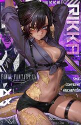 1girl arms_behind_head black_hair black_shorts blush breasts character_request cleavage commentary commission dark-skinned_female dark_skin english_commentary face_piercing final_fantasy final_fantasy_xiv heterochromia highres medium_breasts nekodayo22 nose_piercing nose_ring piercing short_hair short_shorts shorts sitting solo thigh_strap