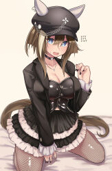 1girl animal_ears black_hat black_jacket black_nails black_tube_top blue_eyes breasts brown_hair chain cheval_grand_(umamusume) choker cleavage earrings fishnet_pantyhose fishnets frilled_skirt frills hat highres horse_ears horse_girl horse_tail jacket jewelry jirai_kei large_breasts multicolored_hair nail_polish navel necklace pantyhose short_hair skirt solo strapless tail teaclaw tube_top two-tone_hair umamusume