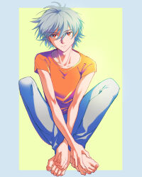 Rule 34 | 1boy, barefoot, blue pants, butterfly sitting, closed mouth, collarbone, commentary request, crew neck, fingernails, full body, grey hair, highres, looking at viewer, male focus, nagisa kaworu, neon genesis evangelion, orange shirt, pants, parted bangs, red eyes, sanpaku, shirt, short sleeves, sitting, solo, t-shirt, yellowfish