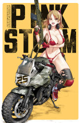 1girl :d animal_ears assault_rifle bikini black_thighhighs breasts brown_hair cat_ears cleavage collarbone fake_animal_ears fingerless_gloves gloves gun headband headphones headphones_around_neck highres holding holding_gun holding_weapon knee_guards large_breasts medium_hair motor_vehicle motorcycle navel on_motorcycle open_mouth original paid_reward_available red_bikini red_gloves red_headband red_shoes rifle satou_shouji shiny_skin shoes skindentation smile solo swimsuit thighhighs weapon yellow_background