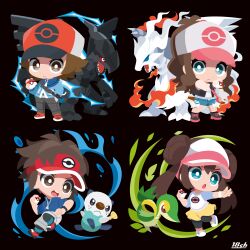 18ch 2boys 2girls absurdres baseball_cap black_background blue_eyes blue_jacket blue_sclera brown_eyes brown_hair colored_sclera denim denim_shorts double_bun exposed_pocket gen_5_pokemon hair_bun hat highres hilbert_(pokemon) hilda_(pokemon) holding holding_poke_ball jacket legendary_pokemon multiple_boys multiple_girls nate_(pokemon) nintendo open_mouth oshawott poke_ball poke_ball_(basic) pokemon pokemon_(creature) pokemon_bw pokemon_bw2 red_sclera reshiram rosa_(pokemon) shorts snivy v-shaped_eyebrows visor_cap zekrom