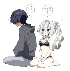 1boy 1girl aged_up alternate_breast_size alternate_costume arms_at_sides asymmetrical_sidelocks bare_shoulders barefoot black_bra black_hair black_panties blunt_ends blush bra breasts casual cleavage collarbone colored_tips contemporary cross-shaped_pupils eyelashes facing_to_the_side full_body genshin_impact gradient_hair green_eyes green_hair green_pupils grey_hood grey_hoodie grey_sleeves hair_between_eyes hair_ornament hands_on_own_thighs highleg highleg_panties highres hirarinoie hood hood_down hoodie large_breasts leaf leaf_hair_ornament long_hair long_sleeves looking_at_another midriff multicolored_hair nahida_(genshin_impact) navel open_mouth panties pants pointy_ears scaramouche_(genshin_impact) side_ponytail sidelocks sitting sketch speech_bubble sweat symbol-shaped_pupils tareme translation_request underwear wariza white_background white_hair white_pants