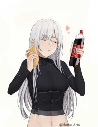 1girl ak-12_(girls&#039;_frontline) black_shirt blush bottle breasts closed_eyes closed_mouth commentary eating english_commentary food girls&#039;_frontline grey_hair heart highres holding holding_bottle holding_food long_hair long_sleeves matsu_arts medium_breasts navel shirt sidelocks smile solo twitter_username upper_body white_background