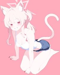 1girl absurdres akira_(blue_archive) alternate_costume alternate_hairstyle animal_ears austsue bare_arms bare_legs bare_shoulders barefoot blue_archive blush breasts cat_ears cat_girl cat_tail cleavage denim denim_shorts grin hair_between_eyes highres long_hair looking_at_viewer one_side_up pink_eyes pink_hair ponytail seiza shorts sidelocks sitting smile solo tail tank_top white_tank_top