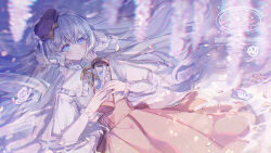 Rule 34 | 1girl, artist logo, artist name, black hat, blue eyes, blue hair, blurry, brown skirt, commission, flower, hat, high-waist skirt, highres, holding hourglass, hourglass, juliet sleeves, logo, long hair, long sleeves, looking at viewer, original, partially submerged, puffy sleeves, shirt, skirt, solo, umehara sei, very long hair, water, watermark, white shirt, wisteria