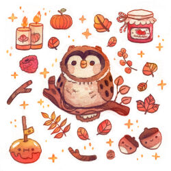acorn artist_name autumn bird branch candle candy_apple commentary ellievsbear english_commentary food fruit highres jam leaf orange_theme original owl painting_(medium) pumpkin raspberry signature simple_background solid_circle_eyes solid_eyes sparkle traditional_media watercolor_(medium) white_background