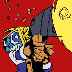 00s 1boy casing_ejection dead_leaves firing gun handgun holding holding_gun holding_weapon jinroku lowres male_focus muzzle_flash object_head pistol retro_(dead_leaves) shell_casing simple_background solo weapon