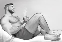 1boy bara beard top/bottom_dynamic_annotated bruh_(a_n_v_t_s) call_of_duty call_of_duty:_modern_warfare_2 cup facial_hair from_side full_beard full_body greyscale hairy highres holding holding_cup large_pectorals male_focus mature_male monochrome muscular muscular_male nipples pectorals profile realistic short_hair soap_(modern_warfare_2) solo steam top/bottom_dynamic_annotated topless_male undercut