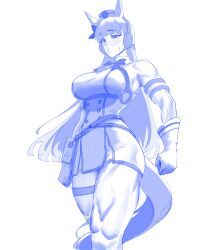 1girl absurdres animal_ears armband blue_theme blunt_bangs bow breasts clenched_hand commentary cowboy_shot ear_bow ear_covers ear_ribbon english_commentary gloves gold_ship_(umamusume) highres horse_ears horse_girl horse_tail itszenvy large_breasts long_hair monochrome muscular muscular_female o-ring parted_lips pillbox_hat purple_bow solo sweat tail umamusume white_background