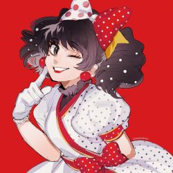 1girl bow brown_eyes brown_hair dress highres humanization looking_at_viewer mickey_mouse_&amp;_friends minnie_mouse moov_(mb_52) polka_dot polka_dot_bow puffy_sleeves short_hair simple_background smile solo twintails