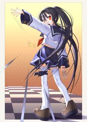 1girl absurdres black_hair black_sailor_collar border brown_shoes commentary_request commission full_body grin hair_between_eyes highres long_hair long_sleeves looking_at_viewer mix_tou okuribi outside_border outstretched_arm pleated_skirt purple_skirt rance_(series) red_eyes sailor_collar school_uniform serafuku shirt shoes skeb_commission skirt smile solo standing thighhighs very_long_hair white_border white_shirt white_thighhighs yellow_background