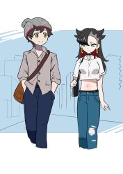 1boy 1girl absurdres aged_up alternate_costume alternate_hairstyle bag black_bag black_hair blue_pants brown_bag brown_hair buttons collared_shirt commentary_request denim earrings green_eyes grey_hat grey_shirt handbag hands_in_pockets hat highres jeans jewelry makademia marnie_(pokemon) midriff navel nintendo pants pokemon pokemon_swsh shirt short_hair short_sleeves stomach torn_clothes torn_pants victor_(pokemon) white_shirt yellow_eyes
