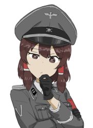 1girl brown_eyes brown_hair hakurei_reimu hat military military_hat nazi nullpo touhou white_background
