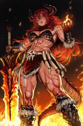 1girl abs boots dragon_horns dragon_tail fire fur-trimmed_boots fur_trim highres holding holding_sword holding_weapon horns long_hair muscular muscular_female original red_hair red_scarf robusta_mania scarf skull_ornament slit_pupils solo sword tail vambraces weapon yellow_eyes