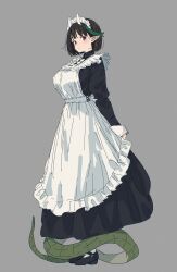 1girl alternate_costume apron biscione_(fate) black_dress black_hair blush breasts dragon_girl dragon_tail dress enmaided fate/grand_order fate_(series) full_body highres horns imigimuru large_breasts long_sleeves looking_at_viewer maid maid_headdress multicolored_hair pointy_ears red_eyes short_hair solo streaked_hair tail white_apron