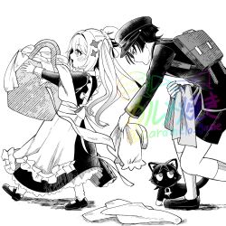 1boy 1girl alternate_costume animalization apron bag basket bent_over bloomers blunt_ends blush briefcase caramelo_game cat cross-shaped_pupils dress enmaided eyelashes frilled_apron frilled_dress frills gakuran gakuseibou genshin_impact hair_ornament hairclip hat headdress highres holding holding_basket holding_bloomers holding_towel juliet_sleeves kneehighs long_hair long_sleeves maid maid_apron mary_janes mid-stride nahida_(genshin_impact) open_hand open_mouth peaked_cap person_and_animalization puffy_sleeves scaramouche_(cat)_(genshin_impact) scaramouche_(genshin_impact) school_bag school_briefcase school_uniform shoes side_ponytail sidelocks sleeve_cuffs socks symbol-shaped_pupils tareme towel underwear watermark