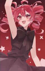 1girl ahoge alternate_costume arm_up armpits black_bow black_bowtie black_dress blush bow bowtie dress drill_hair encore_dance_(synthesizer_v) esy flat_chest gradient_background hair_between_eyes highres kasane_teto looking_up open_mouth red_background red_eyes red_hair sleeveless sleeveless_dress solo star_(symbol) twin_drills utau