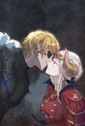 1boy 1girl black_background black_bodysuit blonde_hair blue_cape bodysuit cape closed_mouth collared_cape couple dimitri_alexandre_blaiddyd dimitri_alexandre_blaiddyd_(timeskip) double_bun dress edelgard_von_hresvelg edelgard_von_hresvelg_(timeskip) eyepatch fake_horns fire_emblem fire_emblem:_three_houses from_side fur-trimmed_cape fur_trim hair_between_eyes hair_bun headpiece hetero hi8ggu high_collar highres horns korean_commentary leaning_forward leaning_to_the_side looking_up nintendo parted_lips purple_eyes red_cape red_dress shade short_hair smile standing teeth white_hair