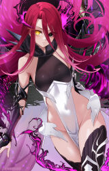 1girl bare_shoulders black_eyes breasts fate/grand_order fate_(series) fire heterochromia highres ironatsuki long_hair looking_at_viewer pelvic_curtain pink_fire red_hair small_breasts solo thighhighs thighs typhon_ephemeros_(fate) typhon_ephemeros_(third_ascension)_(fate) yellow_eyes