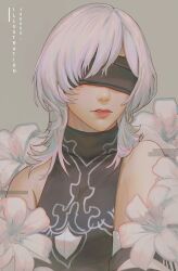 Rule 34 | 10h (nier reincarnation), 1girl, absurdres, artist name, bare shoulders, black blindfold, black dress, blindfold, commentary, covered collarbone, dress, english commentary, flower, grey background, highres, lips, long hair, lunar tear, nier (series), nier reincarnation, parted lips, simple background, sleeveless, sleeveless dress, solo, upper body, white flower, white hair, yuki lu