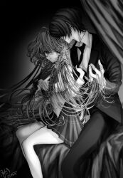 1boy 1girl aya_carmine braid commentary_request formal_clothes greyscale hetero highres hitomi_hirosuke_(sayonara_wo_oshiete) holding_another&#039;s_hair long_hair looking_at_another monochrome sayonara_wo_oshiete school_uniform sitting skirt sugamo_mutsuki suit teacher_and_student very_long_hair