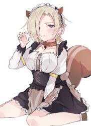 Rule 34 | 1girl, :t, animal ears, black corset, blonde hair, blush, breasts, brown choker, choker, claw pose, cleavage, collarbone, commentary request, corset, ear piercing, hair over one eye, highres, long sleeves, looking at viewer, love live!, love live! nijigasaki high school idol club, maid headdress, mia taylor, notyu maru, piercing, pout, puffy long sleeves, puffy sleeves, purple eyes, shirt, short hair, sitting, solo, squirrel ears, squirrel tail, tail, upper body, wariza, white background, white shirt