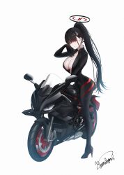 1girl absurdres black_bodysuit blue_archive blunt_bangs blush bodysuit breasts bright_pupils closed_mouth commentary full_body hair_ornament hairclip halo hand_up high_heels highres large_breasts long_hair looking_at_viewer motor_vehicle motorcycle official_alternate_costume ponytail red_eyes rio_(blue_archive) rio_(bodysuit)_(blue_archive) signature simple_background solo white_background white_pupils yamikyon