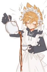 1boy alternate_costume ao_ringo_(yakirinngo_ha) apron black_gloves blonde_hair blush closed_eyes commentary_request crossdressing crossdressing_(mtf) cup enmaided frilled_apron frills gloves holding holding_teapot kingdom_hearts maid maid_headdress male_focus male_maid pouring roxas short_hair smile tea teacup teapot