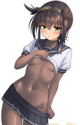 Rule 34 | 1girl, black bodysuit, black headband, black sailor collar, black skirt, bodysuit, breasts, clothes lift, clothes pull, clothes writing, covered navel, hachimaki, hair flaps, hatsuzuki (kancolle), headband, kantai collection, lifting own clothes, medium breasts, miniskirt, one-hour drawing challenge, pleated skirt, pulling own clothes, ray.s, sailor collar, school uniform, serafuku, shirt lift, short hair, short sleeves, skirt, skirt pull, solo