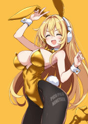 Rule 34 | animal ears, bare shoulders, black pantyhose, blonde hair, blush, boots, bow, bowtie, breasts, closed eyes, clothes writing, covered navel, detached collar, fake animal ears, fake tail, hair intakes, headphones, highres, hirowa nagi, indie virtual youtuber, large breasts, leotard, long hair, open mouth, pantyhose, playboy bunny, rabbit ears, rabbit tail, sato (vtuber), simple background, smile, tail, virtual youtuber, white nails, wrist cuffs, yellow background, yellow boots, yellow bow, yellow bowtie, yellow leotard