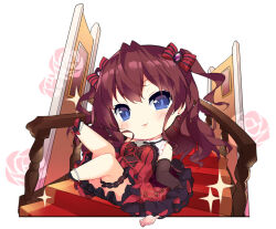 1girl black_gloves bow curly_hair earrings gloves ichinose_shiki idolmaster idolmaster_cinderella_girls jewelry long_hair purple_eyes red_bow red_hair saru sitting