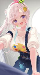 Rule 34 | 1girl, airani iofifteen, airani iofifteen (1st costume), blue overalls, breasts, commentary request, green ribbon, grey hair, hololive, hololive indonesia, long hair, multicolored ribbon, open mouth, overalls, paint on clothes, paint splatter, paint splatter on face, palette hair ornament, palette print, pink ribbon, polka dot, polka dot ribbon, purple eyes, ribbon, signature, solo, star (symbol), star in eye, striped ribbon, sweater, symbol in eye, virtual youtuber, white sweater, yano mitsuki (nanairo)